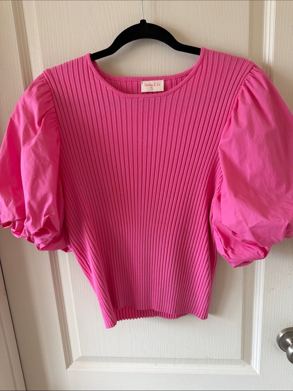 Bright Pink Ribbed Puff-Sleeve Blouse by Hailey & Co.